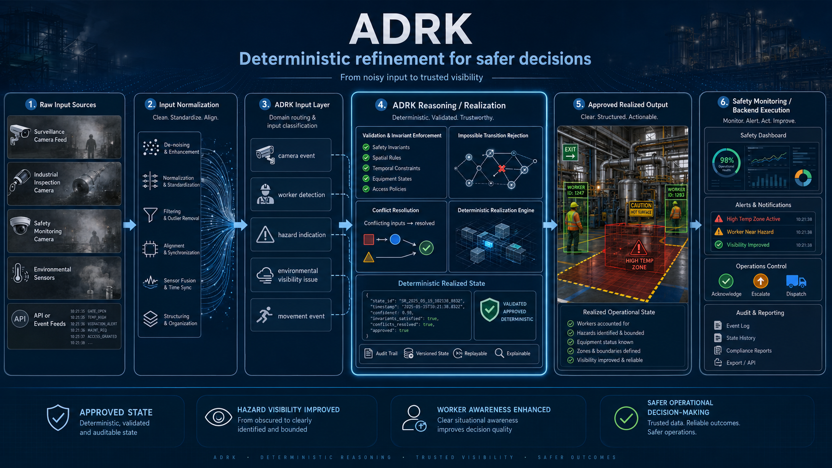 ADRK workflow showing obstructed industrial camera input routed through DRK validation into approved safety monitoring output